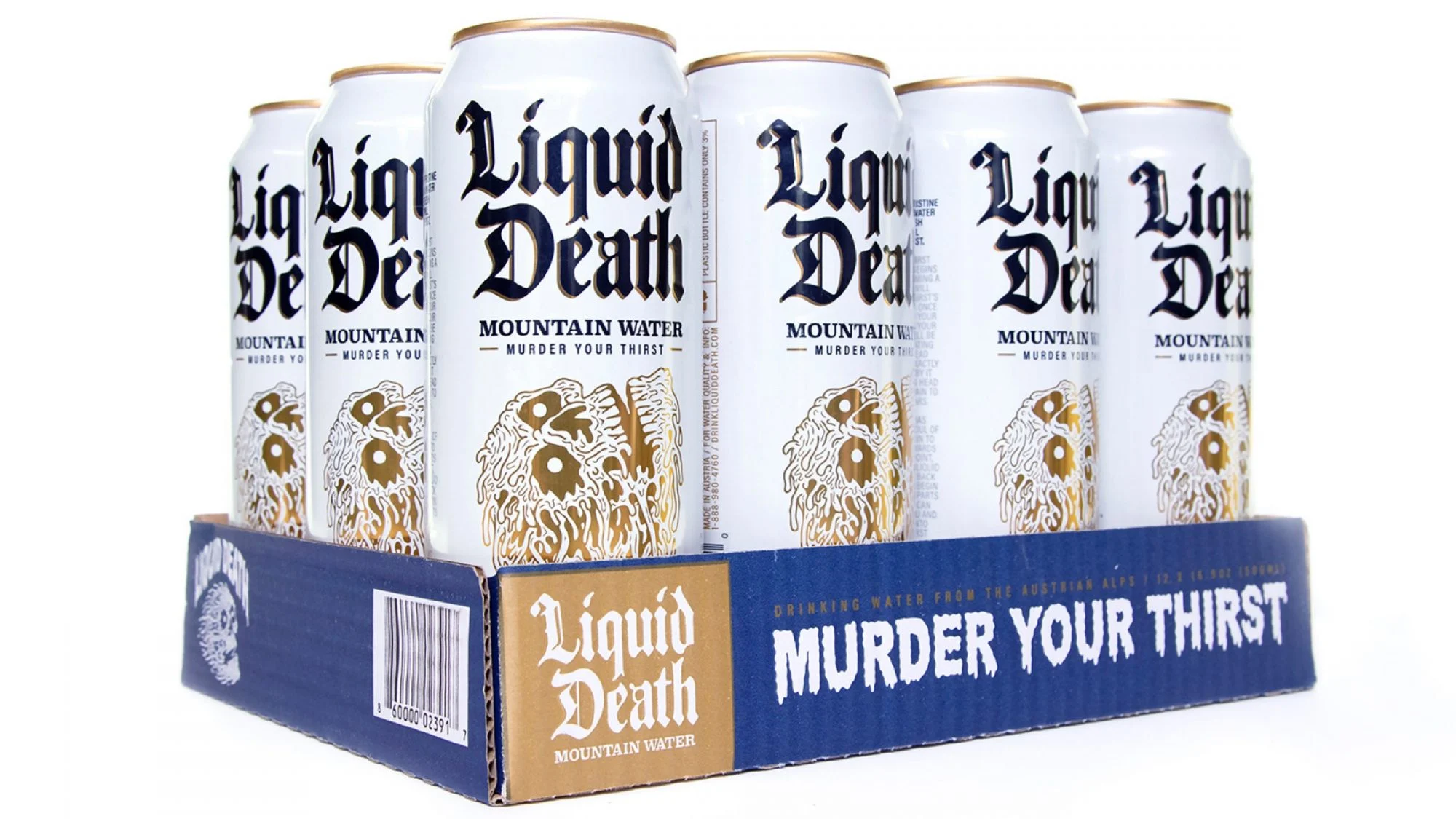 Liquid Death's tall white cans with gothic branding and skull graphics.