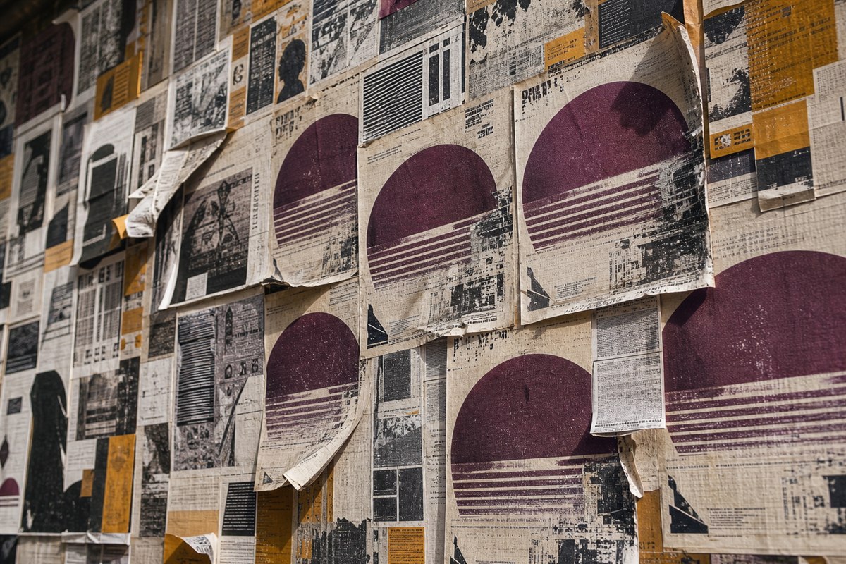 Layers of printed posters overlapping on a wall