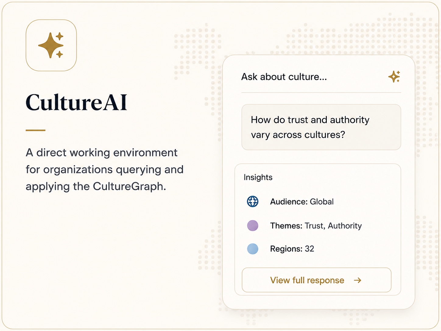 CultureAI, a direct working environment for organizations querying and applying the CultureGraph. The example asks how trust and authority vary across cultures and returns audience, theme and region insights.