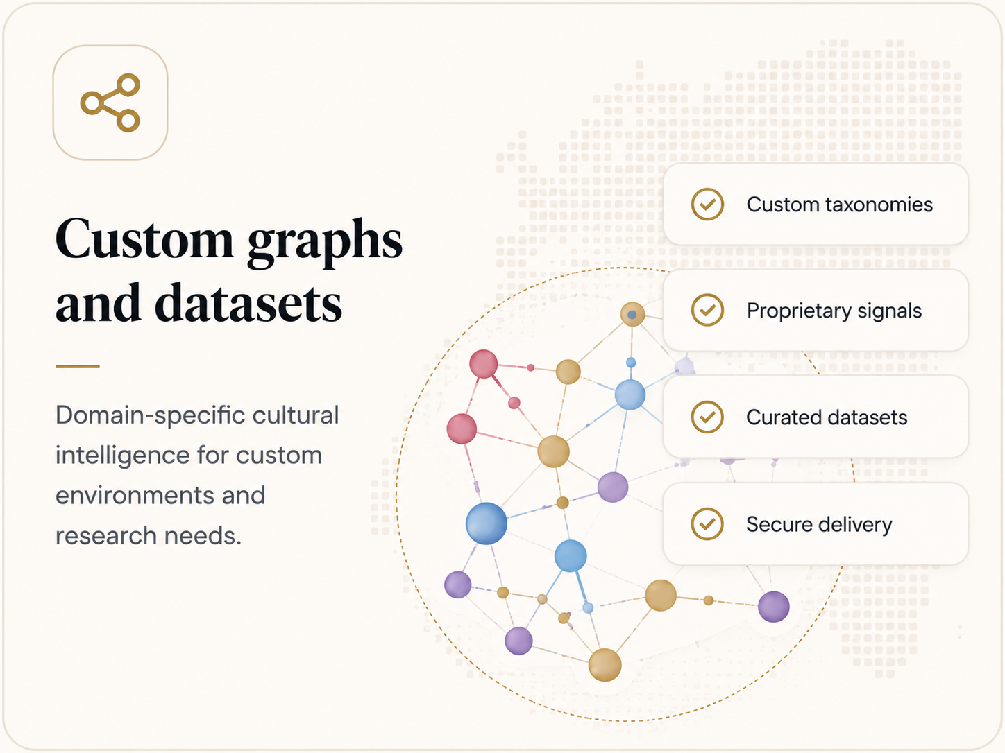 Custom graphs and datasets, domain-specific cultural intelligence for custom environments and research needs, including custom taxonomies, proprietary signals, curated datasets and secure delivery.